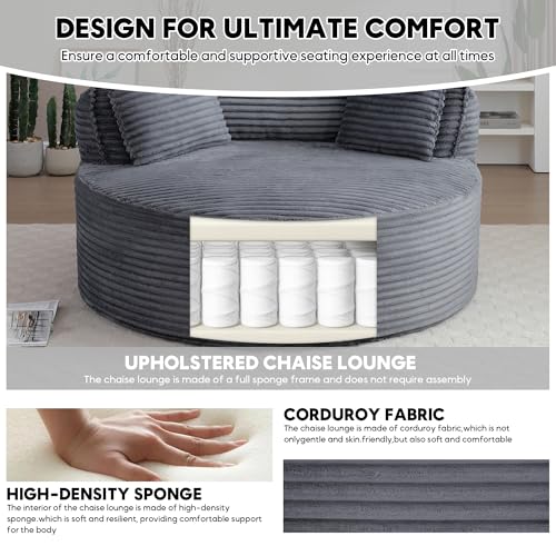 Image of Oversized Round Chair Lounge Chaise Indoor, 53.5 inch Upholstered Corduroy Deep Seat Single Cloud Sofa Chair, Fluffy Modern Large Circle Boneless Sleeper Sofa for Living Room, Bedroom, Dark Grey