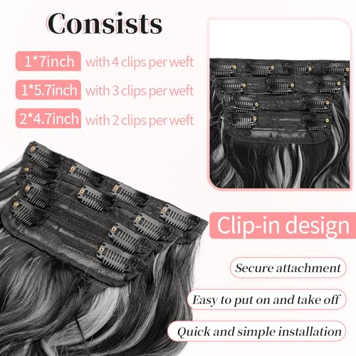 Image of KooKaStyle Clip in Hair Extensions Long Wavy 4PCS Thick Hairpieces Synthetic Highlight Hair Extensions Black and White Mix Fiber Double Weft Natural 20Inch for Women