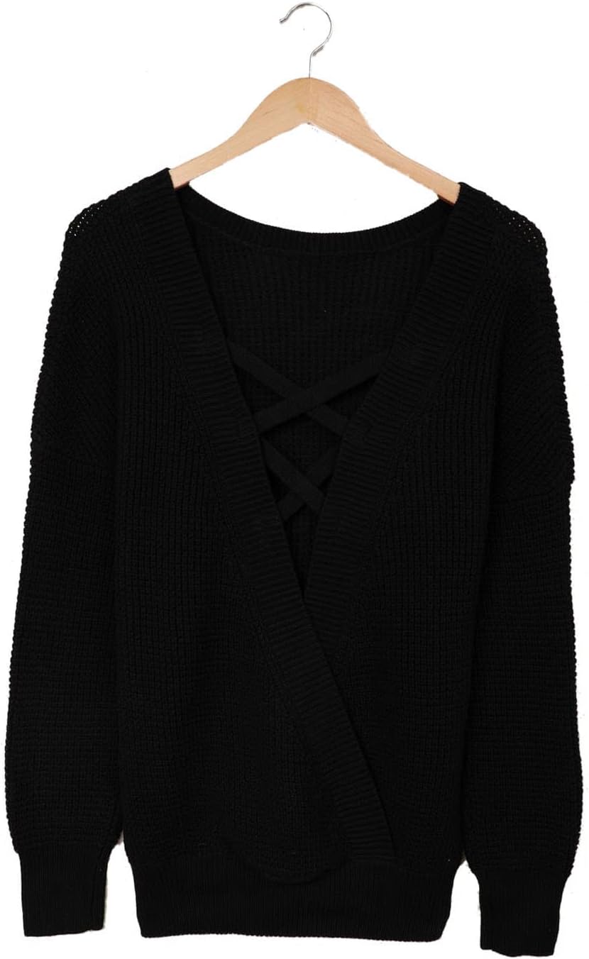 Women Casual Criss Cross V Back Long Sleeve Knitted Sweaters Fall Trendy Crewneck Pullover Jumper Top
