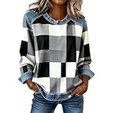 sweat long femme Sweat en Denim Patchwork Femme Fashion Manches Longues Pull-Over Col Rond Couleur Unie Top Haut Streetwear Grandes Tailles Vetement pour Printemps Automne Hiver Jacket Stretch Casual Sport Manteaux