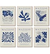 6 Pcs Navy Blue Matisse Wall Art Preppy Flower Market Paintings Prints Posters Trendy Abstract Ae...
