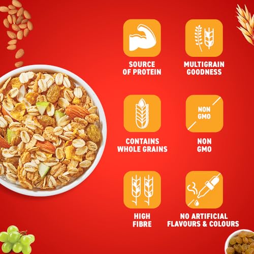 Image of Bagrry's Crunchy Muesli - 200g | 83% Multigrain, Brans, Almonds, Raisins & Honey | 40% Fibre Rich Oats | High Fibre and Protein Breakfast Cereal | No Added Preservatives | Non-GMO Oats | 100% Natural | Trans Fat & Cholesterol Free