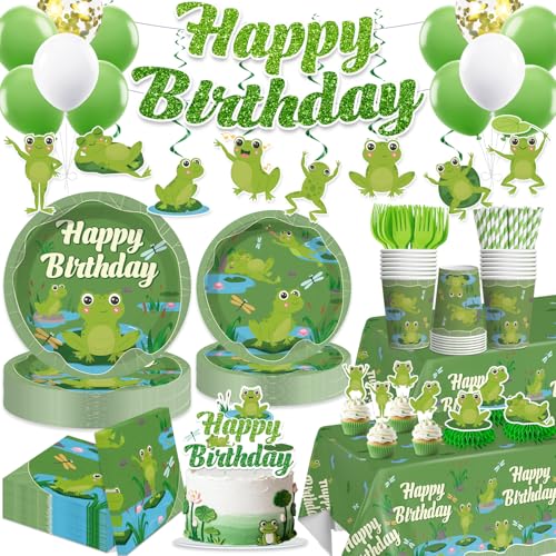 wellspar 205pcs Frog Birthday Decorations Complete Tableware Set for 25 Guests Green Frog Party Decorations Includes Disposable Plates Pre-strung Banner for Frog-Theme Birthday Party Decor