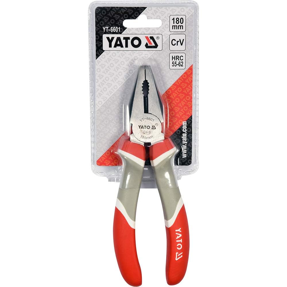 Yato YT-6601 Combination Pliers 7inch 180mm|HRC 55-62|TPR/PVC 3 colour handle|Cr-Ni|Plier Tools|Plier for Home|Plier Knife|Industrial Tools|Combination Plier|Insulated|Red-Silver|Electrical|Pliers Set