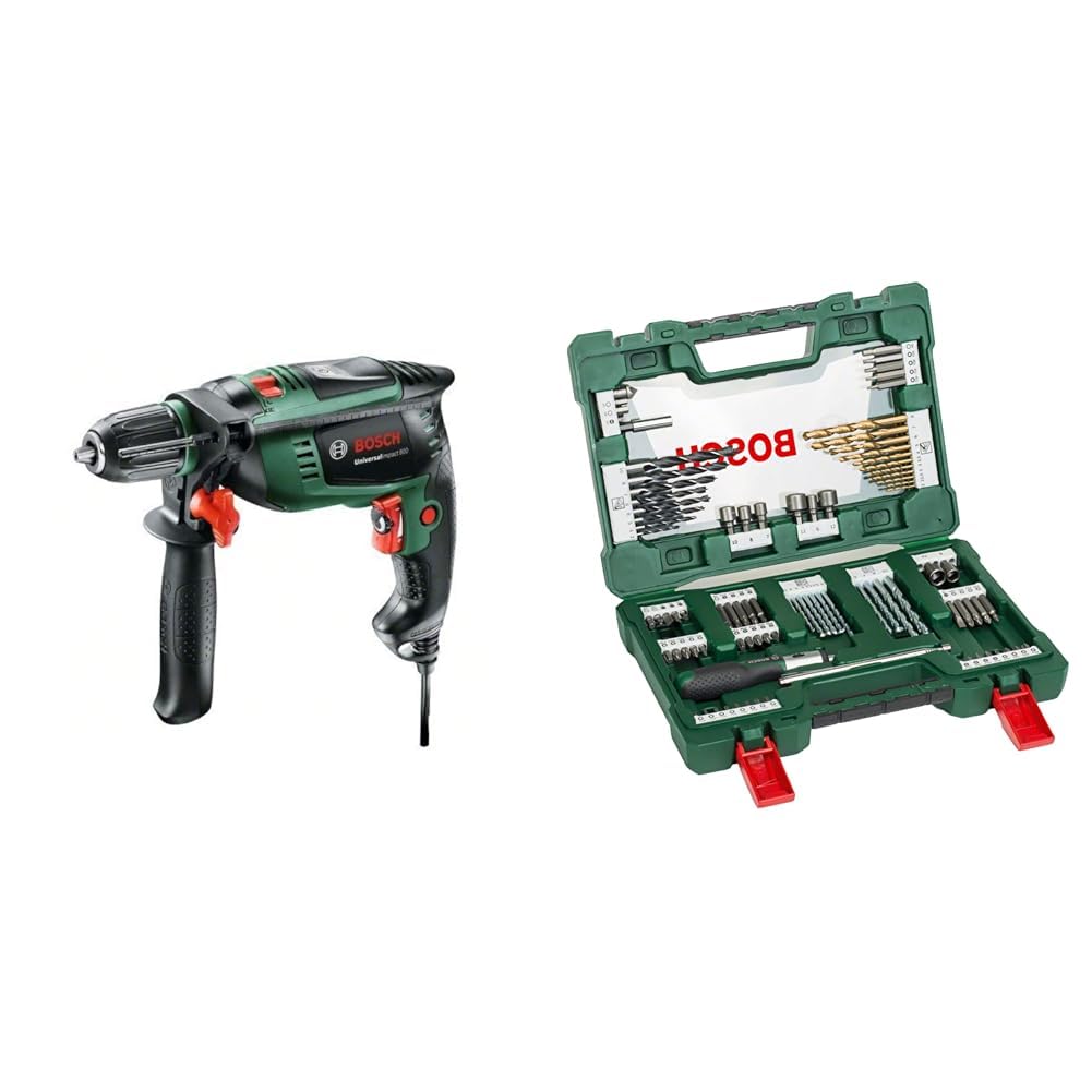 Bosch Home and Garden Universal Impact 800 Trapano Battente, Funzione Kickback Control + 91 Pezzi di punte e bit V-Line in titanio (per legno, pietra metallo)