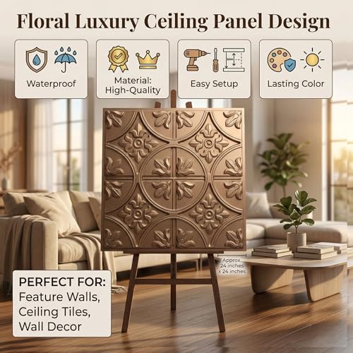 Image of Kayra Decor PVC Ceiling Panel 60x60 cm|Ornamental Floral Panel|Metallic Coffee|25 Tiles Cover 100 Sq Ft| Modern False Ceiling|Royal & Elegant Finish