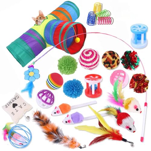 25 Pcs Cat Kitten Toys Supplies With Three-hole Tunnel/Interactive Mouse/Cat Stick Wand/Feather Golf Balls/Fluffy Balls - Great for Kittens and Cats