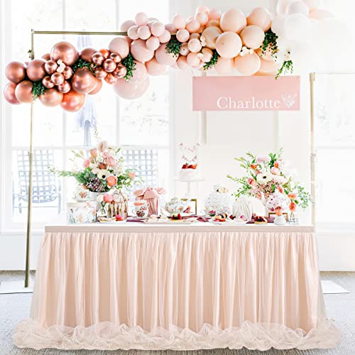 9FT Champagne Tulle Table Skirt LED Tutu Table Skirts for Wedding Birthday Party Dessert Cake Tables by QueenDream - Image 3