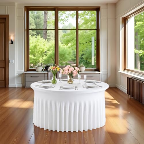8 Pack White Round Spandex Tablecloths for 60 inch Table, 120 Inch Spandex Fitted Tablecloths, Wrinkle Free Washable Polyester Tablecloth for Wedding, Party, Birthday, Home Decoration by PWDAN - Used condition - Image 8