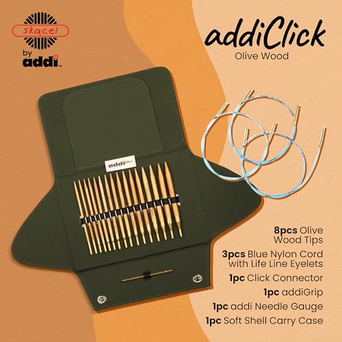 Image of skacel by addi addiClick Interchangeable Knitting Needles Set, Circular Needle Kit with Olive Wood Tips and Nylon Cords