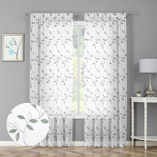 Tollpiz Sage Green Leaf Sheer Curtains Leaves Embroidered Bedroom Curtain Rod Pocket Voile Window Treatment for Living Room, 54 x 84 inches Long, Set of 2 Panels