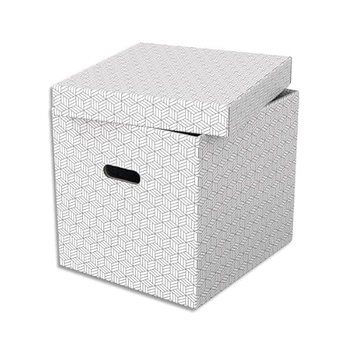 Esselte 3er Set große würfelförmige Aufbewahrungsboxen mit Deckel, Schachteln für Wohnung/Büro & Organisationszwecke, 100% recycelter Karton, 100% recycelbar, geometrische Designs, Weiß, 628288