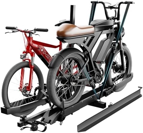 Ebike Rack with Ramp for Tow Hitch, 2-Bike Carrier with 300lbs Load Capacity, Bike Rack for Car for Electric Mopeds, Fat Tire Mountain Bicycles | Fits SUV, Truck, RV, Van