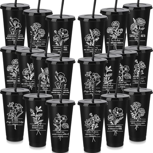 Patelai 20 bicchieri in plastica con coperchio a forma di fiori cristiani spagnoli, da 680,4 g, ideali come regalo per donne e madri (nero)
