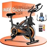 UMAY Bicicleta estática spinning,Bicicleta spinning profesional con monitor de frecuencia cardíaca y pantalla LED, Bicicleta estática con aplicación, asiento cómodo, capacidad de carga hasta 136 kg