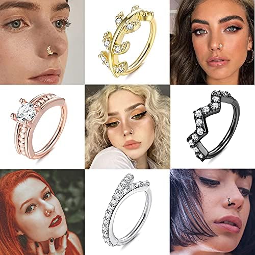 LOLIAS 9Pcs 20G Stainless Steel Nose Rings Hoop for Women Men Paved CZ Cute Cartilage Helix Earrings Hoop Body Piercing for Nose Ear Gold Silver Plated