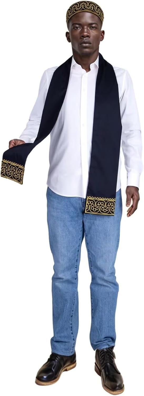 2 Pcs African Kente Pattern Kufi Hat and Stole Sash with Gold Embroidery
