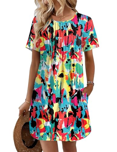 Ekouaer Swimsuit Coverup for Women 2026 Short Sleeve Bathing Suit Cover Ups Beach Summer T-Shirt Dresses with Pockets Colourful L