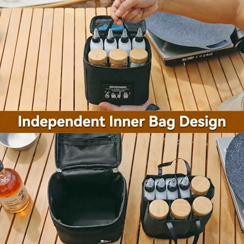 2026 Upgraded Camping Spice Kit, Portable Picnic Seasoning Organizer with 3 Glass Bottles 4 PE Bottles Silicone Funnel, Waterproof Removable Liner Camp Kitchen Storage for Hiking BBQ Travel(Black) - Image 2