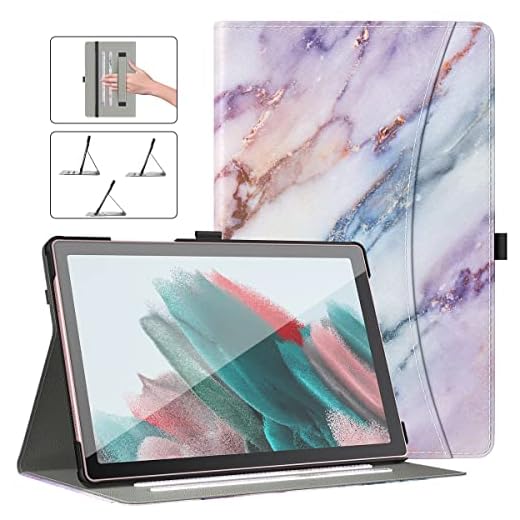Dadanism Case for Samsung Galaxy Tab A8 10.5 Inch 2022 (SM-X200/X205/X207) with Flexible Hand Strap & Pocket, Multi-Angle Viewing Stand Lightweight Protective Cover, Auto Sleep/Wake, Purple Marble