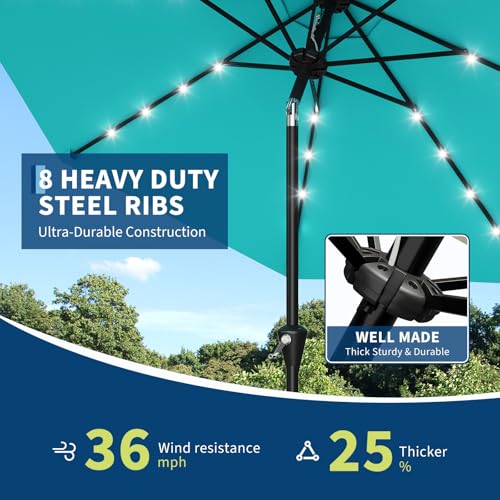 Garvee 10FT Solar Patio Umbrella with 32 LED Lights - Outdoor Table Umbrella with Crank Lift, Push Button Tilt and 8 Sturdy Ribs - Market Umbrella UV Protection for Pool, Deck, Yard, Garden -Sky Blue by Garvee - Used condition - Image 5