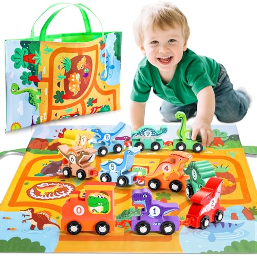Anginne Trenecito de Dinosaurios de Madera con Alfombra de Juegos y Almacenamiento 2 en 1 - Dinosaurios Juguetes Niños 1 2 3 4 Años Juegos Juguetes Bebe 1 Año - Regalos Originales Bebes 1 Año