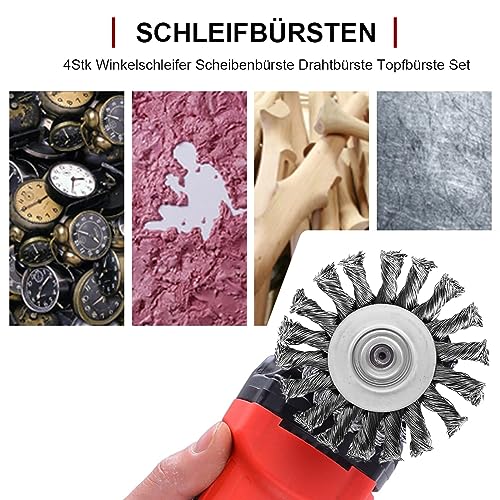 SchleifbüRsten, 4Stk Topfbürste Drahtbürste Winkelschleifer Scheibenbürste Topfbürste Ø 75 mm M14 Zopfbürste Stahl (4 Zoll)