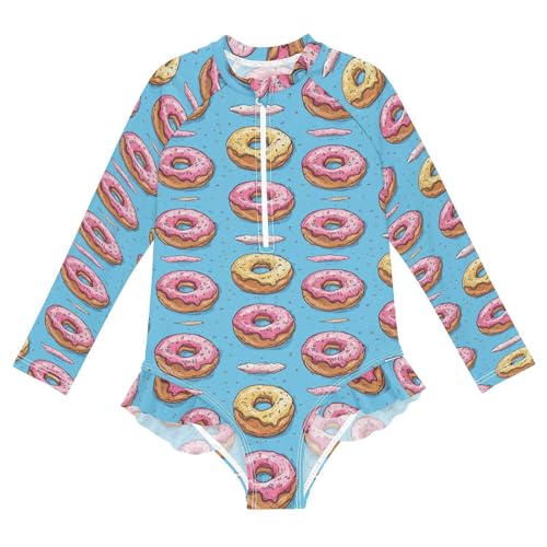 Girls Swimsuit Donut Blue Print Long Sleeve One Piece Bathing Suit for Kids UPF 50+ Rash Guard Swimwear 3-12