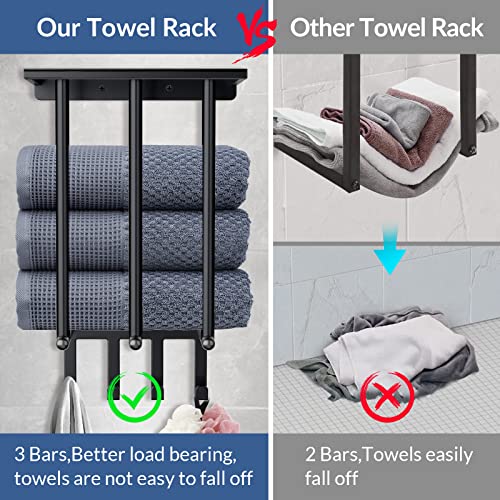 Bathroom Towel Rack With 4 Hooks - Wall Mount Towel Holder For Bathroom, Stylish Black Design With Metal Shelf, Ideal Bathroom Storage Organizer And Decor #TOP2