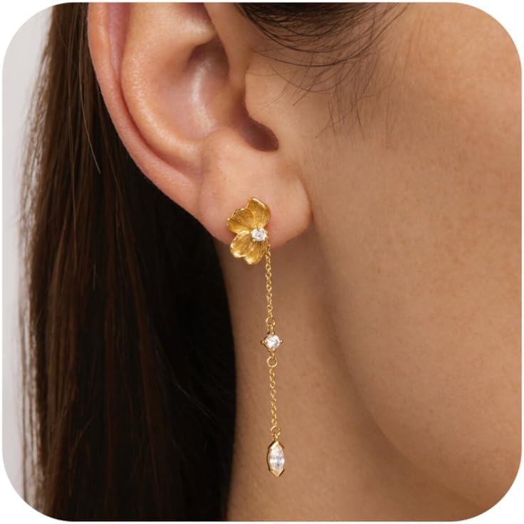 Gold Drop Earrings for Women,14k Gold Plated CZ Dangle Earring Studs Dainty Flower Drop Earring Studs Long Chain Statement Unique Wedding Earrings for Women Trendy Bridal Jewelry Fashion Accessories