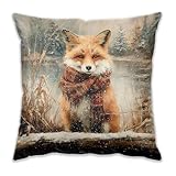 DEQSX Vintage Winter Fox Pillow Covers 18x18, Fox Lover Gifts, Rustic Farmhouse Christmas Winter Forest Wild Animals Decorative Throw Pillow Covers for Home Bedroom Living Room