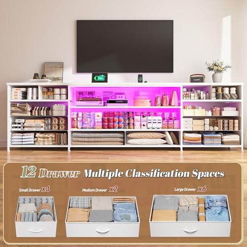 Image of EnHomee 71 inch Long TV Stand for 85 /80 /75 inch TVs with LED,Power Strip,12 Drawers | White Entertainment Center with Open Wooden Shelf, Spacious Storage,Sturdy Metal Frame for Bedroom Living Room