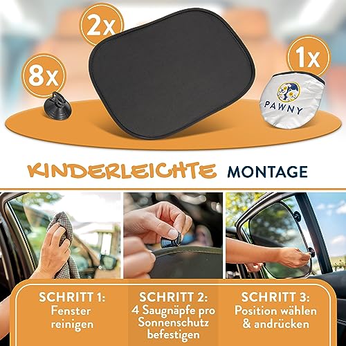 PAWNY©, Sonnenschutz Auto Baby mit UV-Schutz (2er-Set), inkl. 8 extrastarken Saugnäpfen, universelle Größe, Sonnenschutz Auto Baby für Babys und Kinder (Schwarz) (Schwarz)