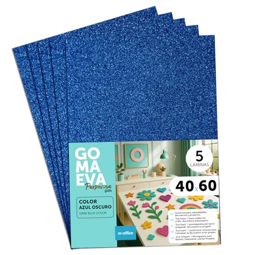 m-office Goma Eva de Purpurina para Manualidades, Goma Espuma de Colores para Proyectos Creativos, Ideales para Artes y Manualidades, uso Escolar o Profesional 40x60cm (Azul Oscuro Purpurina, 5 uds)