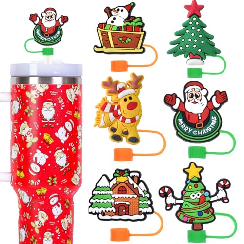 Christmas Stanley Straw Cover Cap, 6PCS Christmas Stanley Straw Topper Stanley Cup Accessories Cute Santa Claus Christmas Tree Elk Snowman 10mm Silicone Straw Covers for Stanley 30&40 Oz Tumbler