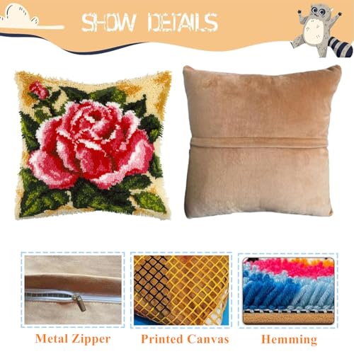 Image of EMISTEM Latch Hook Kits for Adults - Latch Hook Pillow Kits, Crochet Yarn Kit for Beginners, DIY Needlework Crafts Cover Case with Printed Canvas, (Red Rose,17x17 inch)
