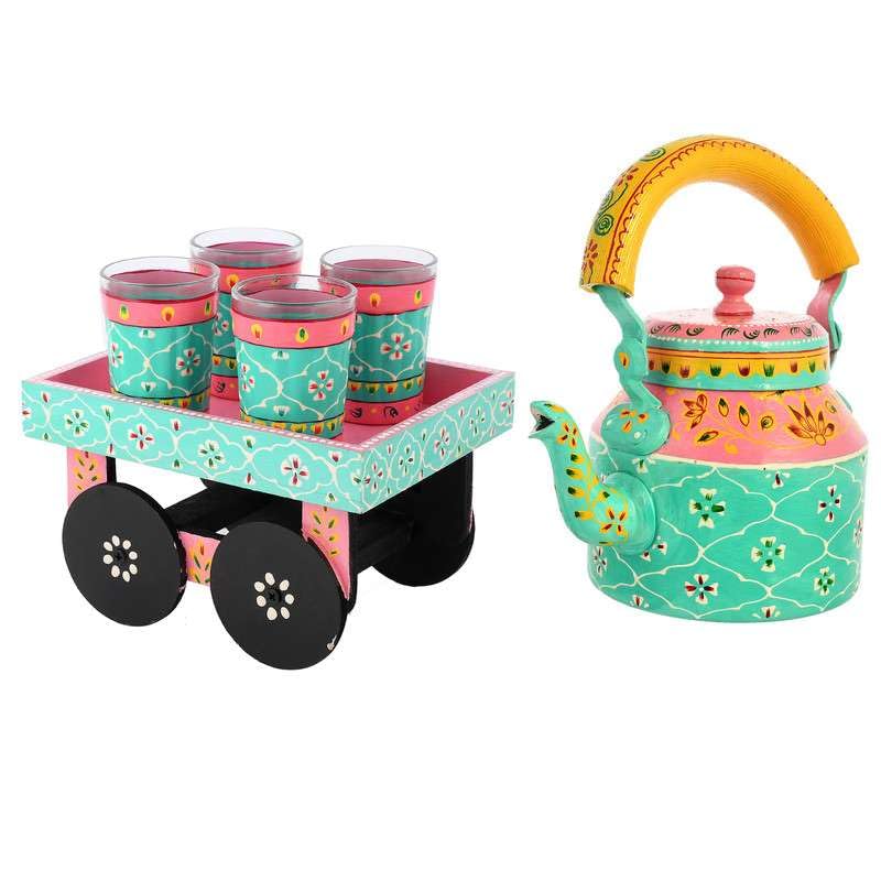 Image of Handpainted Alluminium Tea Kettle with Four Glasses and Wooden Tray for Home Dcor Tea Party Serving -04