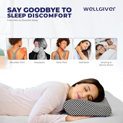 Image of WELLGIVER Cervical Memory Foam Pillow for Neck Pain | 2 Year Warranty | 19 x 11 x 4 Inch Standard | Orthopedic Pillow Spondylitis NecK Shoulder Pain | Washable Jacquard Midnight Blue Cover | Pack of 1