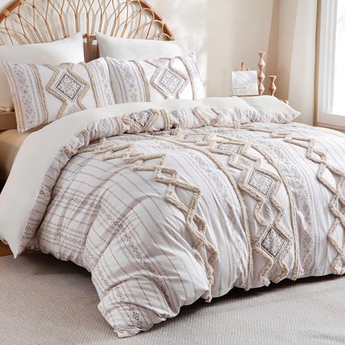 Image of Herside Beige 100% Cotton Boho Duvet Cover Set Queen Size, 3-Piece Tufted Textured Modern Boho Moroccan Bedding, Aztec Geometric Farmhouse Comforter Cover with 8 Corner Ties & Double Zipper