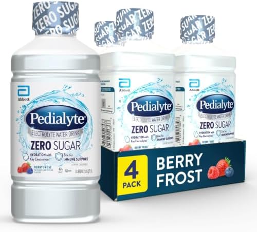 Pedialyte Electrolyte Water with Zero Sugar | Hydration with Key Electrolytes | Great Hydration Low in Calories | Berry Frost, 1 Liter, Pack of 4