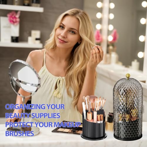 JIANGLAI Makeup Brush Holder with Lid, 360 Rotating Multifunction Clear Dustproof Skincare Cosmetic Tools Storage Organizer for Vanity Desktop Bathroom Countertop (White)