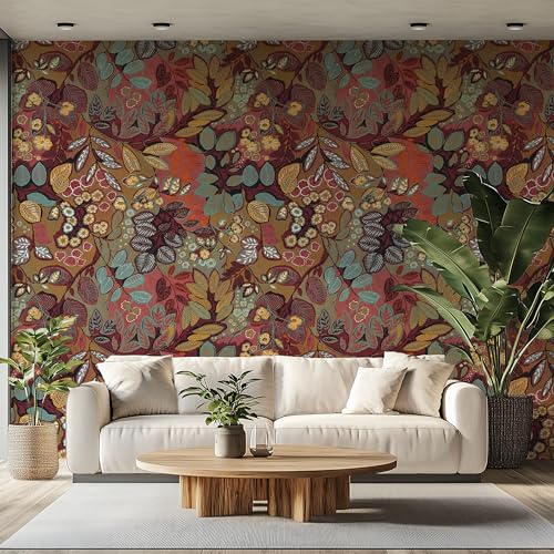 Papiramira Peel and Stick Self Adhesive Canvas Wall Mural Bohemian Floral Leaf Wallpaper Removable Nature Wall Mural for Living Room Bedroom Office Home Decor Accent Wall (A, 114''X83'')