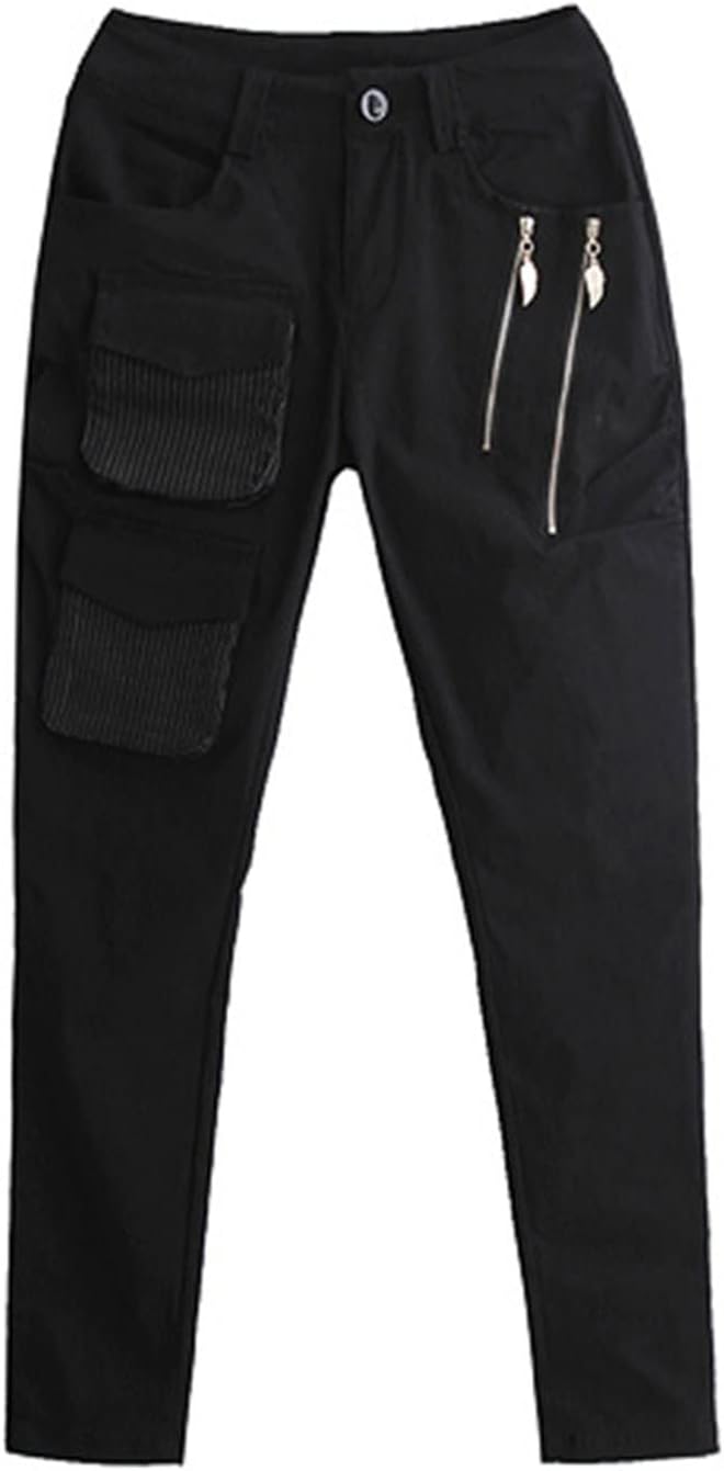 DGHM-JLMY Women's Street Pocket Zip Harem Pants Punk Street Style Pants Slim Fit Buckle Patchwork Zipper Pockets Trousers