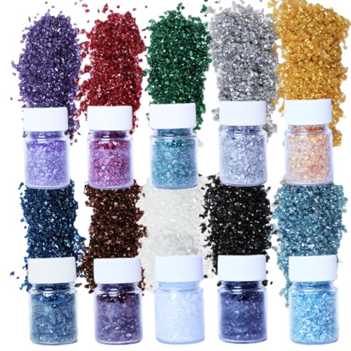 10Colors - 1LB Crushed Glass for Crafts Glitter Resin Art, Small Broken Glass Pieces Metallic Crystal Chips DIY Vase Filler Decoration 1-3mm (Metallic)