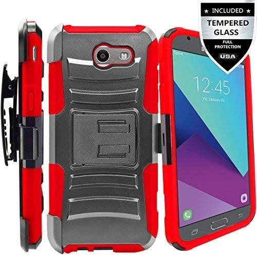 Galaxy J7 V Case/Galaxy J7 Perx Case/Galaxy J7 Sky Pro/J7 Prime/Galaxy Halo/J7 2017 Case with Tempered Glass Screen Protector,IDEA LINE(TM) Combo Holster Kickstand Belt Clip - Red