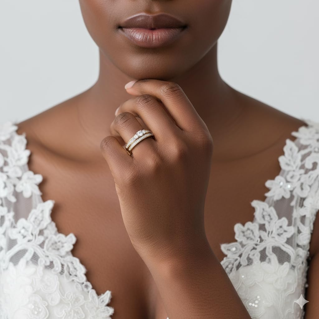 Jewelili Lab Grown Diamond 3-Stone Engagement Ring for Women | Yellow Gold Plated Sterling Silver Band | Round H Color I1 Clarity 3/8 CTTW | Luxury Wedding & Bridal Jewelry for Her | Size 6 ,7 & 8 | Jewelry Gift Box Included