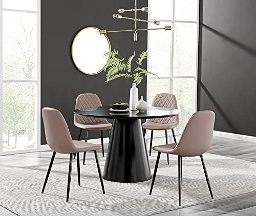 Furniturebox UK Palma Black Semi-Gloss Round Pedestal Dining Table and 4 Cappuccino Faux Leather Black Leg Corona Dining Chairs