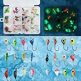 48Pcs Winter Ice Fishing Jigs Kit - Glow-in-The-Dark Luminous Sharp Hooks, 10 Assorted Shapes Tackle...
