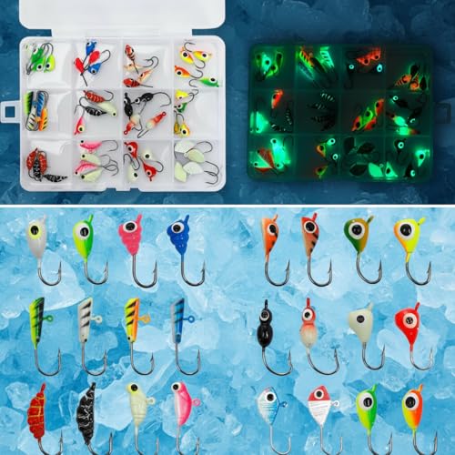 48Pcs Winter Ice Fishing Jigs Kit - Glow-in-The-Dark Luminous Sharp Hooks, 10 Assorted Shapes Tackle...