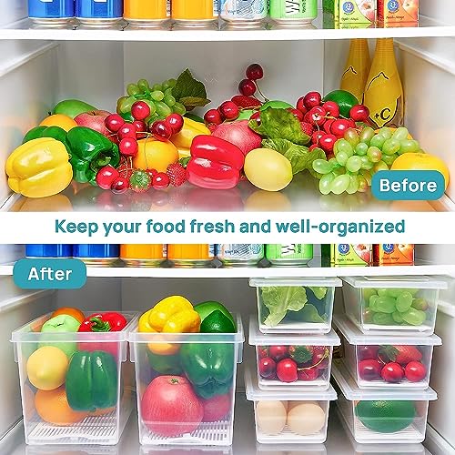 Image of Fridge Storage Boxes (Pack of 4), Fridge Organizer with Removable Drain Plate Fridge Storage Containers Keeps Fruits, Vegetables, Meat, Fish Fresh Longer 1500 ML Container Box